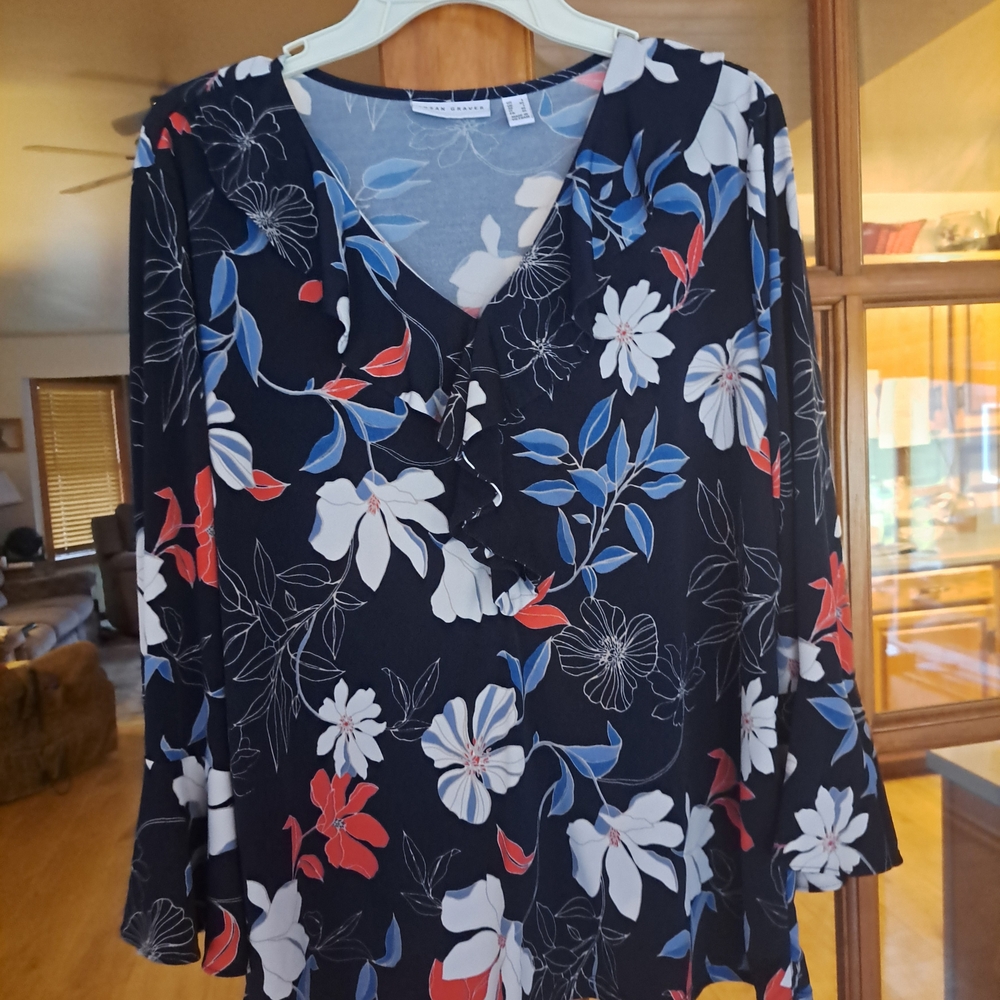 Susan Graver Navy Floral V-Neck Blouse